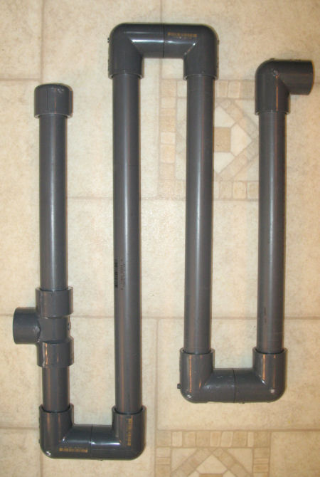DIY overflow, using schedule 80 PVC, shown prior to applying PVC cement; folded out to better view...