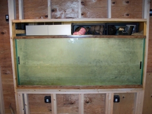 test fit tank which needs a good cleaning and alot of work drilled for sump re-do inside silicone and modify top center glass brace for new overflow